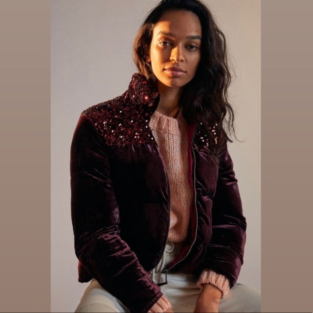 NWT Anthropologie Vera Sequined Velvet Puffer Jacket